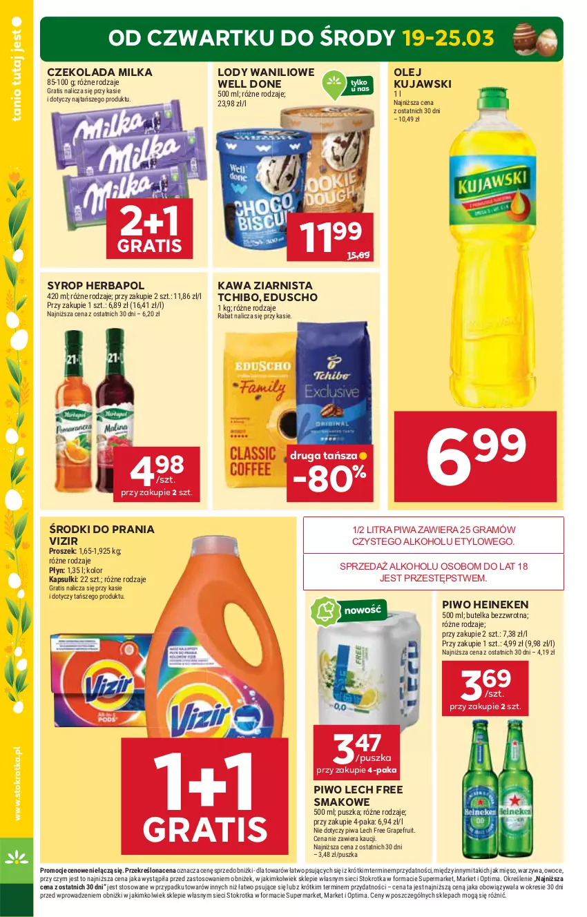 Gazetka promocyjna Stokrotka - Market - ważna 19.03 do 25.03.2026 - strona 4 - produkty: Czekolada, Gra, Heineken, Herbapol, Kawa, Kawa ziarnista, Kujawski, Lody, Mięso, Milka, Olej, Optima, Owoce, Piwa, Piwo, Syrop, Tchibo, Vizir, Warzywa