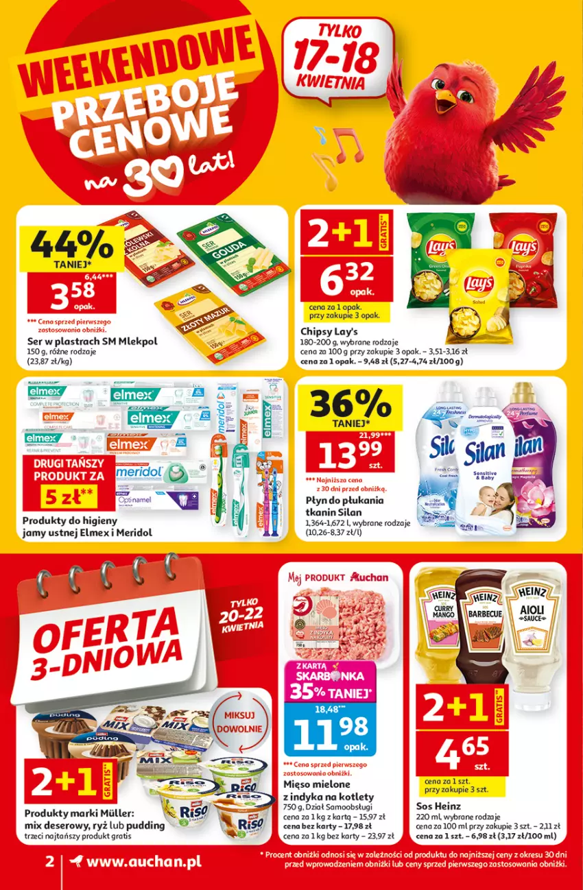 Gazetka promocyjna Auchan - Gazetka 30 Lat Supermarket Auchan - ważna 16.04 do 22.04.2026 - strona 2 - produkty: Chipsy, Deser, Elmex, Gra, Heinz, Kotlet, Mięso, Mięso mielone, Płyn do płukania, Pudding, Ryż, Ser, Silan, Sos