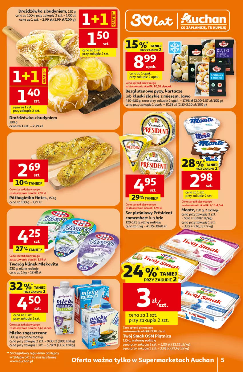 Gazetka promocyjna Auchan - Gazetka 30 Lat Supermarket Auchan - ważna 16.04 do 22.04.2026 - strona 5 - produkty: Bagietka, Brie, Camembert, Mleko, Mleko zagęszczone, Mlekovita, Monte, Półbagietka, Ser, Ser pleśniowy, Twaróg