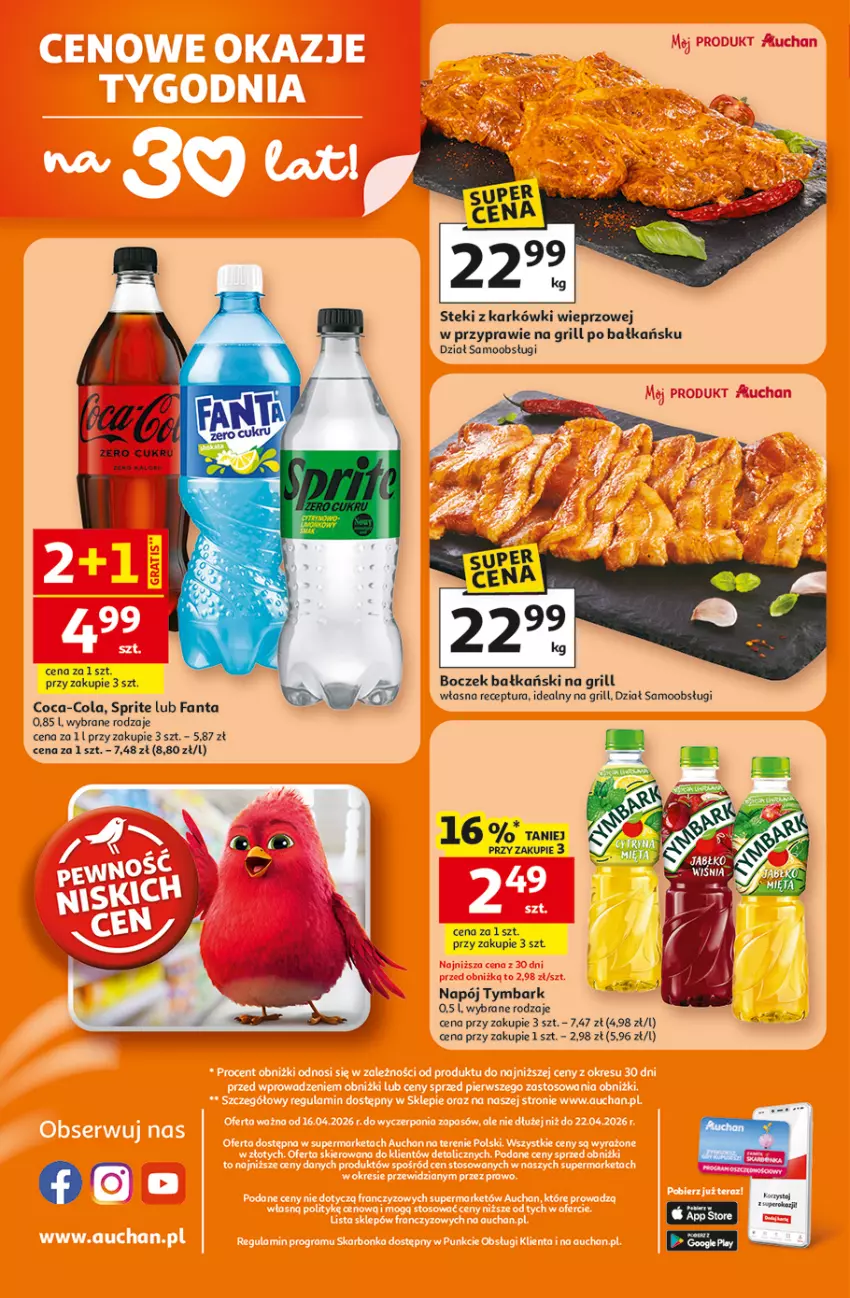 Gazetka promocyjna Auchan - Gazetka 30 Lat Supermarket Auchan - ważna 16.04 do 22.04.2026 - strona 8 - produkty: Boczek, Coca-Cola, Fa, Fanta, Grill, Napój, Sprite, Stek, Tymbark