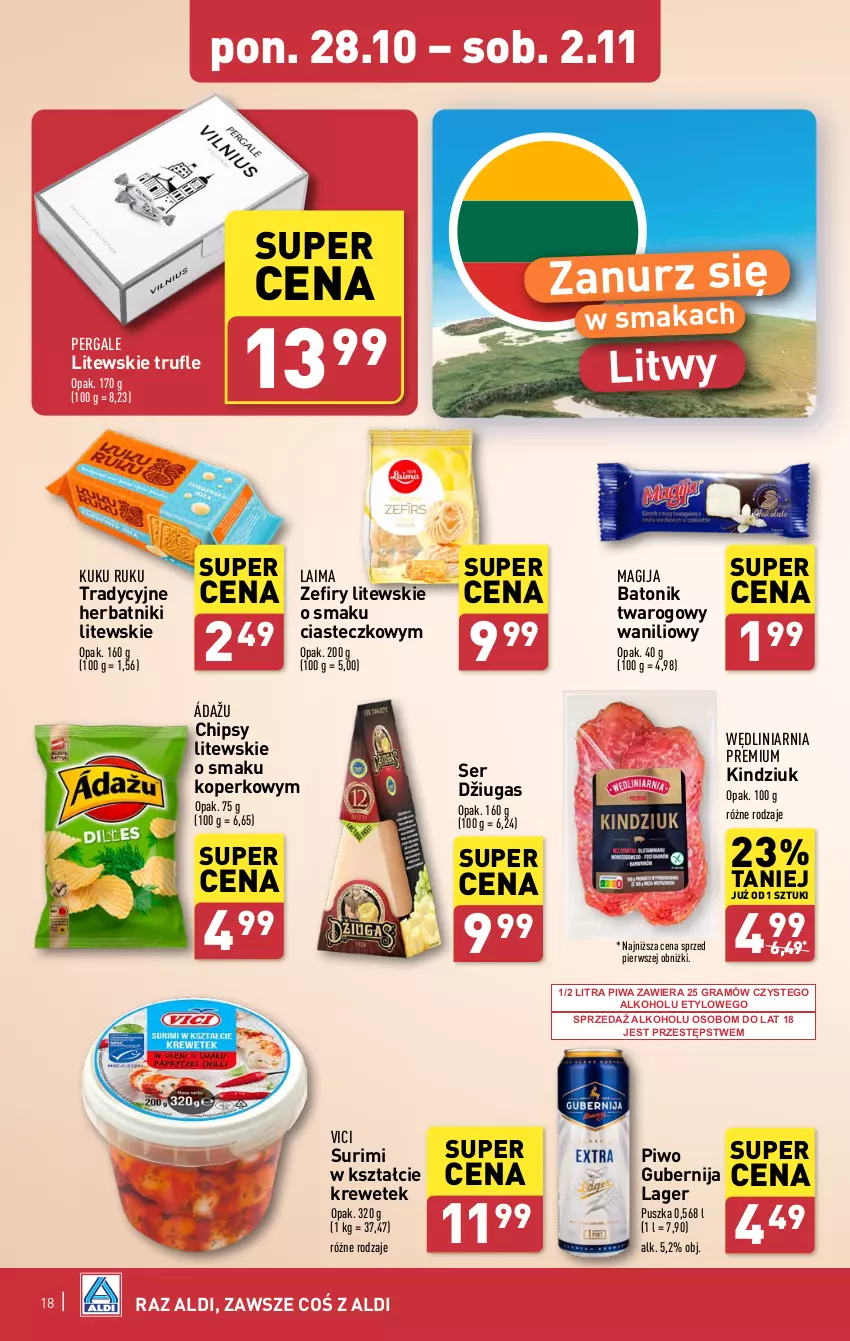 Gazetka promocyjna Aldi - Pełna oferta - ważna 28.10 do 02.11.2024 - strona 18 - produkty: Baton, Batonik twarogowy, Chipsy, Gra, Herbatniki, Kindziuk, Magija, Piwa, Piwo, Ser, Surimi, Tonik