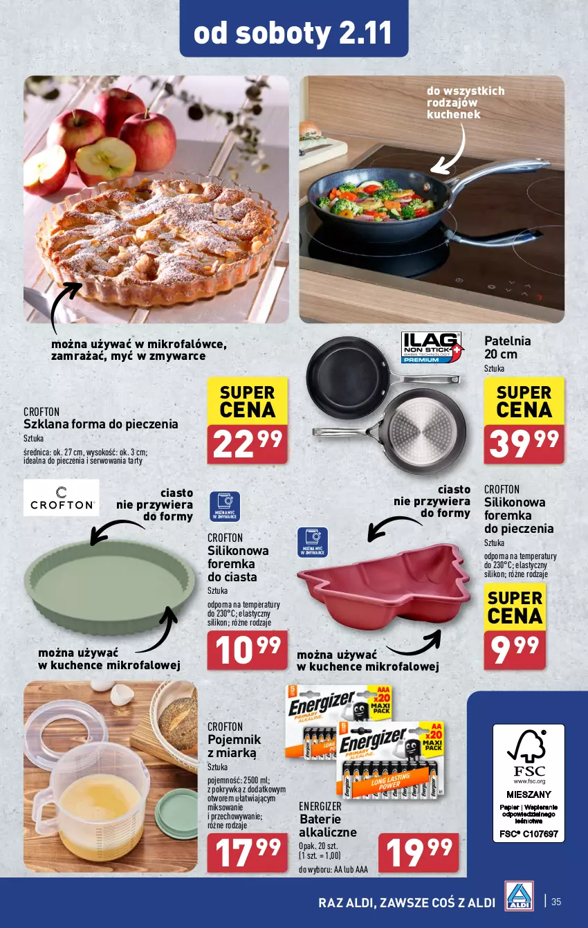 Gazetka promocyjna Aldi - Pełna oferta - ważna 28.10 do 02.11.2024 - strona 35 - produkty: Baterie alkaliczne, Energizer, Fa, Forma do pieczenia, LANA, Patelnia, Piec, Pojemnik, Por, Ser, Sok