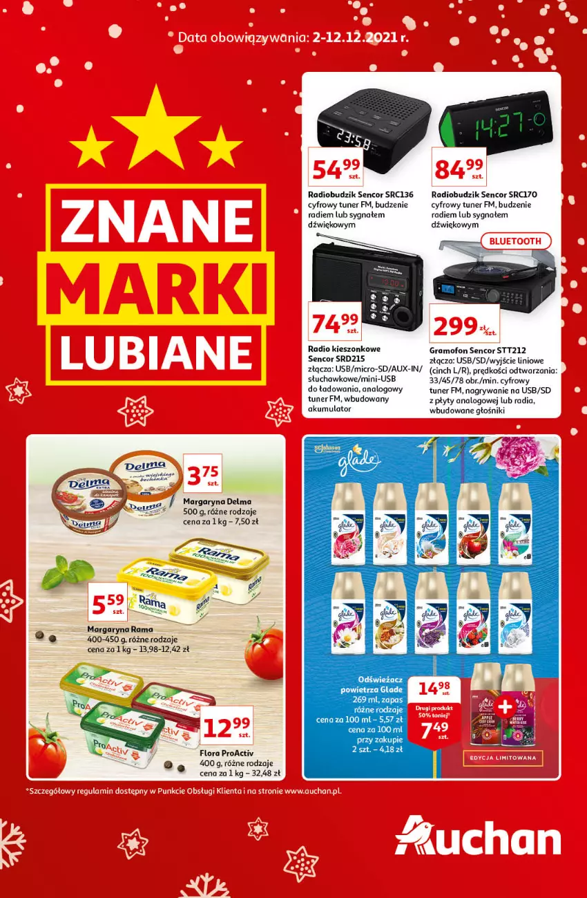 Gazetka promocyjna Auchan - Znane i lubiane Marki - ważna 02.12 do 12.12.2021 - strona 1 - produkty: Akumulator, Budzik, Delma, Flora, Głośnik, Gra, Gry, LG, Margaryna, Nerf, Odświeżacz powietrza, Radiobudzik, Rama, Sencor