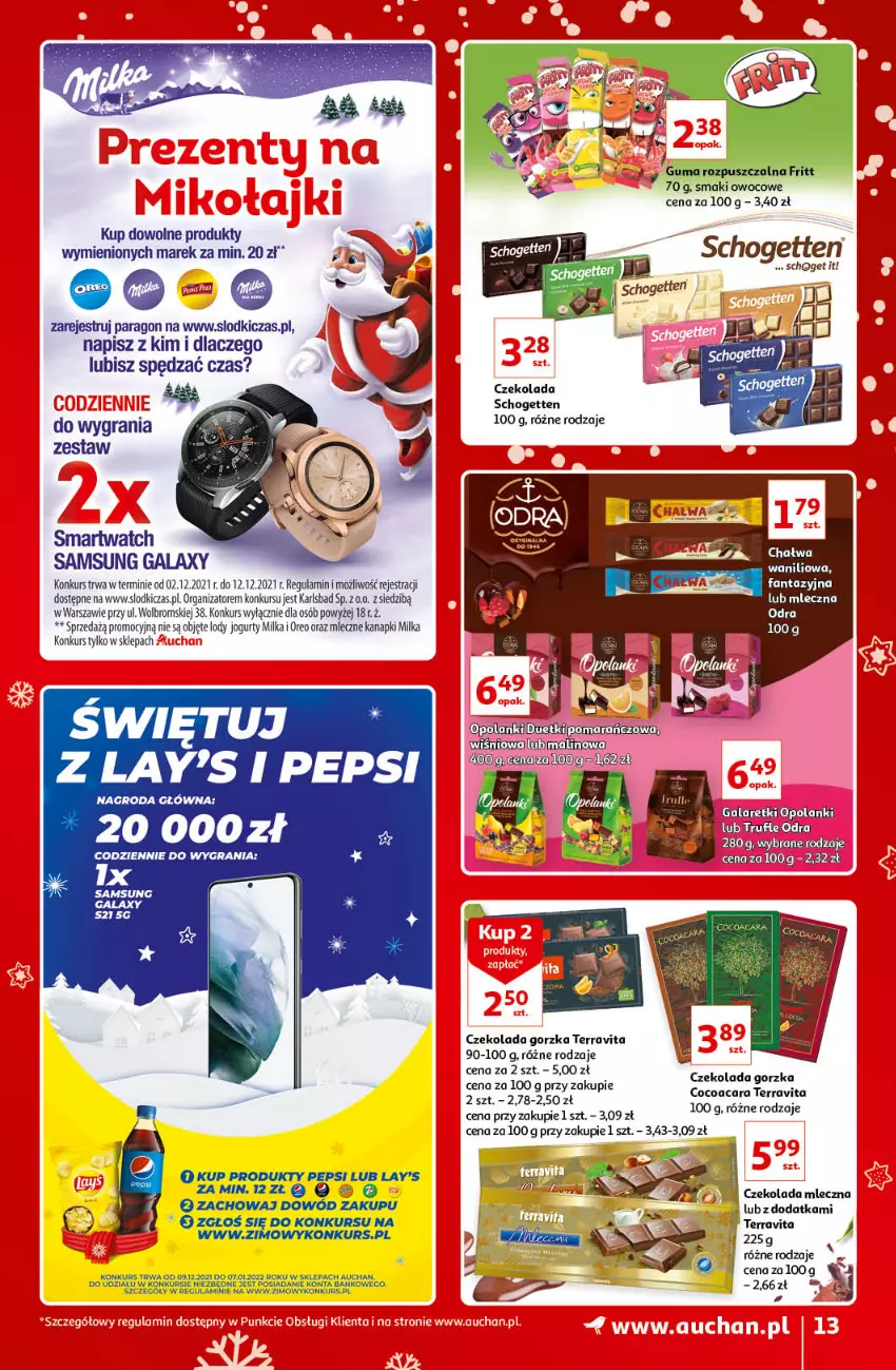 Gazetka promocyjna Auchan - Znane i lubiane Marki - ważna 02.12 do 12.12.2021 - strona 13 - produkty: Czekolada, Czekolada gorzka, Czekolada mleczna, Fa, Fanta, Gala, Gra, Guma rozpuszczalna, Jogurt, Lody, Milka, Oreo, Pepsi, Samsung, Schogetten