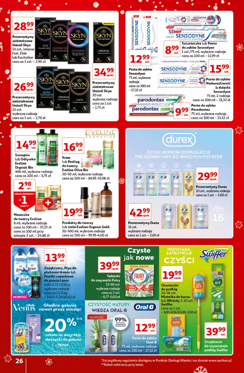 Gazetka promocyjna Auchan - Znane i lubiane Marki - ważna 02.12 do 12.12.2021 - strona 26 - produkty: Chusteczki, Durex, Eveline, Fa, Fairy, Koc, LG, Odżywka, Parodontax, Pasta do zębów, Prezerwatyw, Sensodyne, Skyn, Szampon, Szczoteczka, Tablet, Tabletki do zmywarki, Unimil, Venus, Zmywarki