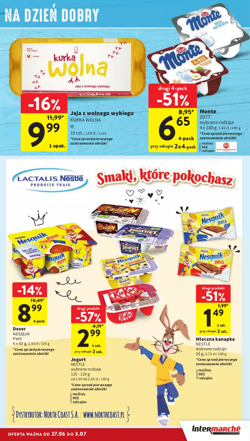 Gazetka promocyjna Intermarche - Gazetka Intermarche - ważna 27.06 do 03.07.2024 - strona 21 - produkty: Deser, Jaja, Jaja z wolnego wybiegu, Jogurt, Mleczna kanapka, Monte, Nesquik, Ser, Zott