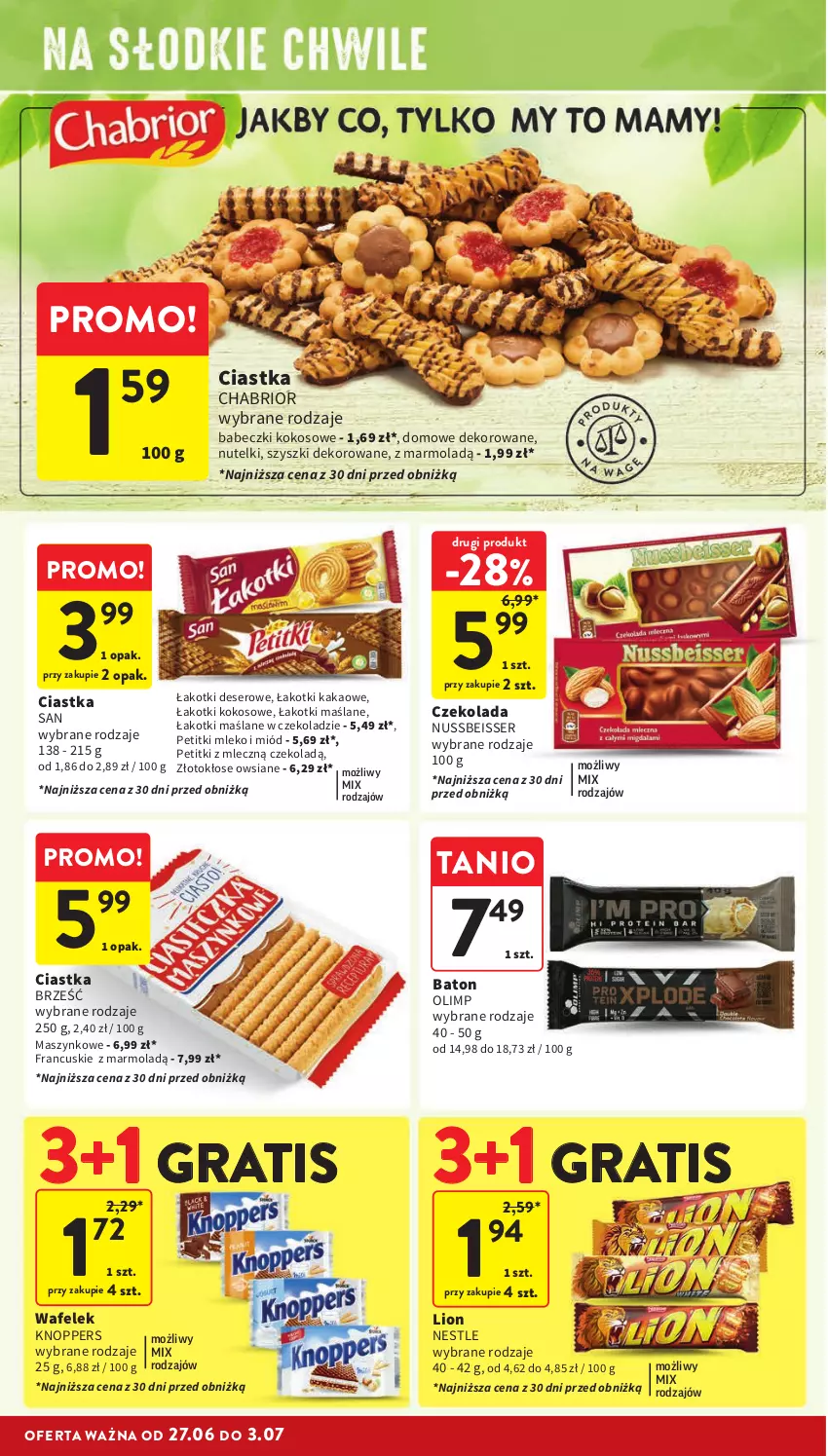 Gazetka promocyjna Intermarche - Gazetka Intermarche - ważna 27.06 do 03.07.2024 - strona 24 - produkty: Babeczki, Baton, Chabrior, Ciastka, Czekolada, Deser, Gra, Kakao, Knoppers, Kokos, Lion, Miód, Mleko, Mola, Ser, Wafelek