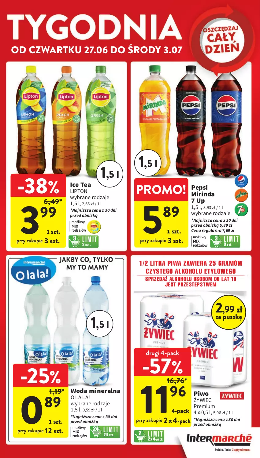 Gazetka promocyjna Intermarche - Gazetka Intermarche - ważna 27.06 do 03.07.2024 - strona 5 - produkty: Gra, Ice tea, Lipton, Mirinda, Pepsi, Piwa, Piwo, Woda, Woda mineralna