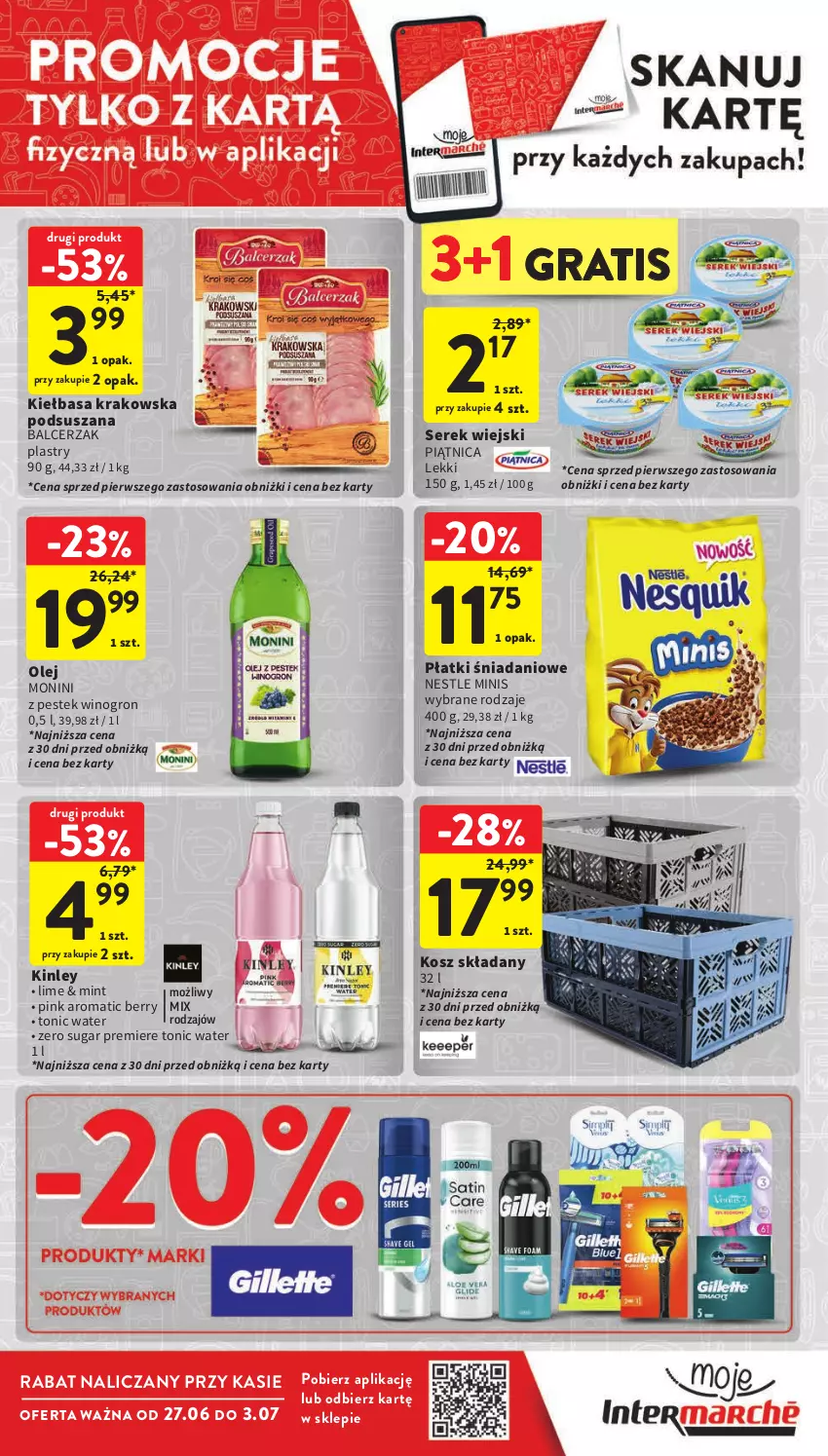 Gazetka promocyjna Intermarche - Gazetka Intermarche - ważna 27.06 do 03.07.2024 - strona 7 - produkty: Danio, Gra, Kiełbasa, Kiełbasa krakowska, Kosz, Monini, Olej, Piątnica, Premiere, Ser, Serek, Serek wiejski, Stek, Wino