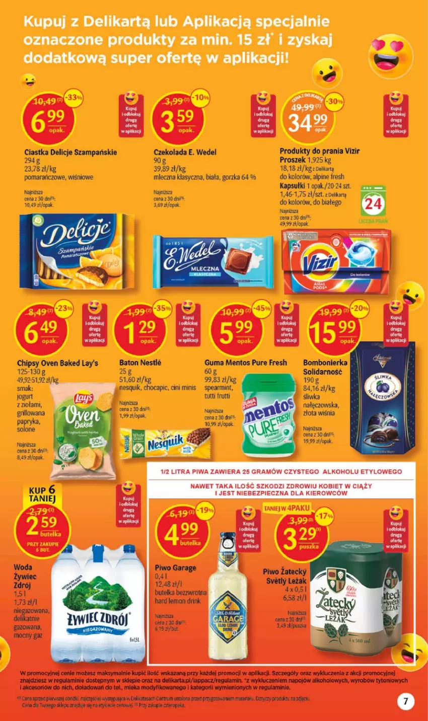 Gazetka promocyjna Delikatesy Centrum - Gazetka DC38 czw-sr - ważna 28.09 do 04.10.2023 - strona 7 - produkty: Baton, Chipsy, Ciastka, Cini Minis, Czekolada, Delicje, E. Wedel, Fa, Gra, Jogurt, Mentos, Nesquik, Piec, Piwa, Piwo, Pur, Vizir, Woda