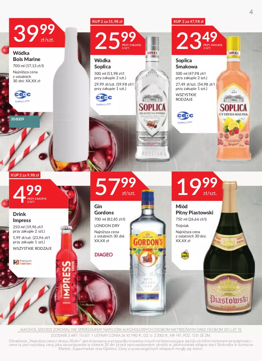 Gazetka promocyjna Stokrotka - Jesienne inspiracje - ważna 12.10 do 25.10.2023 - strona 4 - produkty: Bols, Gin, Miód, Miód pitny, Optima, Piast, Soplica, Wódka