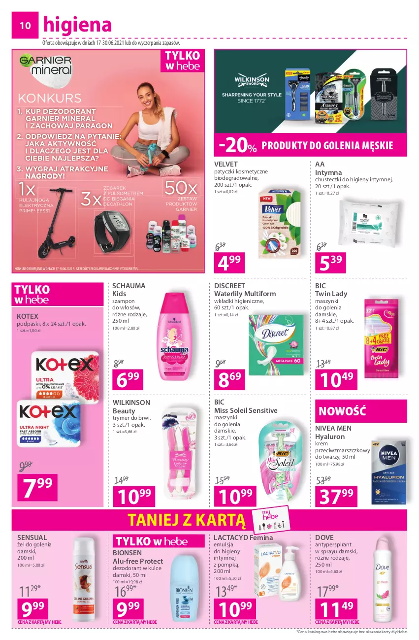 Gazetka promocyjna Hebe - ważna 17.06 do 30.06.2021 - strona 10 - produkty: Antyperspirant, BIC, Chusteczki, Chusteczki do higieny, Dezodorant, Discreet, Dove, Emulsja, Gra, Krem przeciwzmarszczkowy, Lactacyd, Mars, Nivea, Nivea Men, Patyczki kosmetyczne, Podpaski, Schauma, Sensual, Szampon, Velvet, Wilkinson Sword, Wkładki