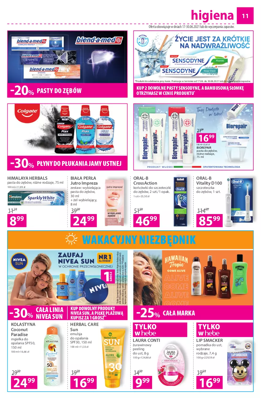 Gazetka promocyjna Hebe - ważna 17.06 do 30.06.2021 - strona 11 - produkty: Biorepair, Emulsja, Himalaya, Końcówki do szczoteczk, Laur, Laura Conti, Monitor, Nivea, Parasol, Pasta do zębów, Peeling, Perła, Sensodyne, Szczoteczka, Szczoteczka do zębów, Wino