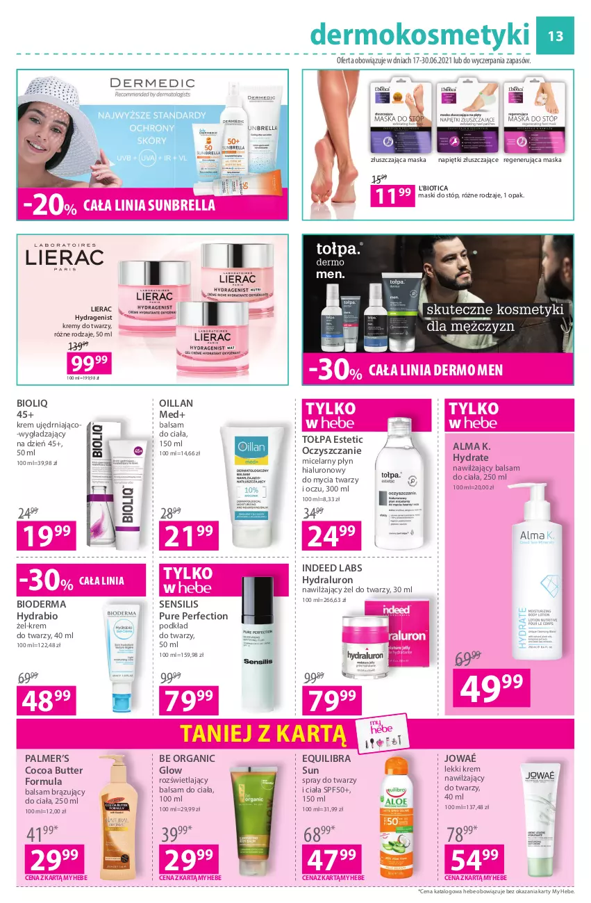 Gazetka promocyjna Hebe - ważna 17.06 do 30.06.2021 - strona 13 - produkty: Balsam do ciała, Bioderma, Krem do twarzy, Krem nawilżający, L'Biotica, Lierac, Maska, Nawilżający balsam, Oillan, Podkład, Podkład do twarzy, Pur, Regenerująca maska, Tołpa