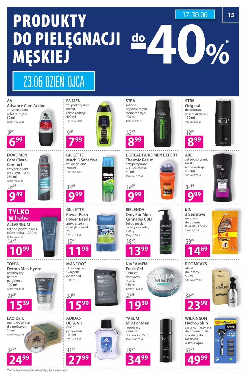 Gazetka promocyjna Hebe - ważna 17.06 do 30.06.2021 - strona 15 - produkty: Adidas, Antyperspirant, Balsam po goleniu, BIC, Bielenda, Dezodorant, Dove, Fa, Gillette, Gin, Karp, L’Oréal, Masło, Maszynka, Maszynka do golenia, Nawilżający balsam, Nivea, Nivea Men, Olej, Skarpetki, Str8, Szynka, Tołpa, Woda, Woda po goleniu