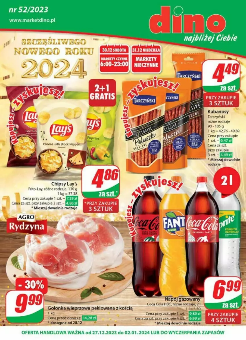 Gazetka promocyjna Dino - ważna 27.12.2024 do 02.01.2025 - strona 1 - produkty: Chipsy, Golonka wieprzowa, Kabanos, Napój, Napój gazowany, Tarczyński