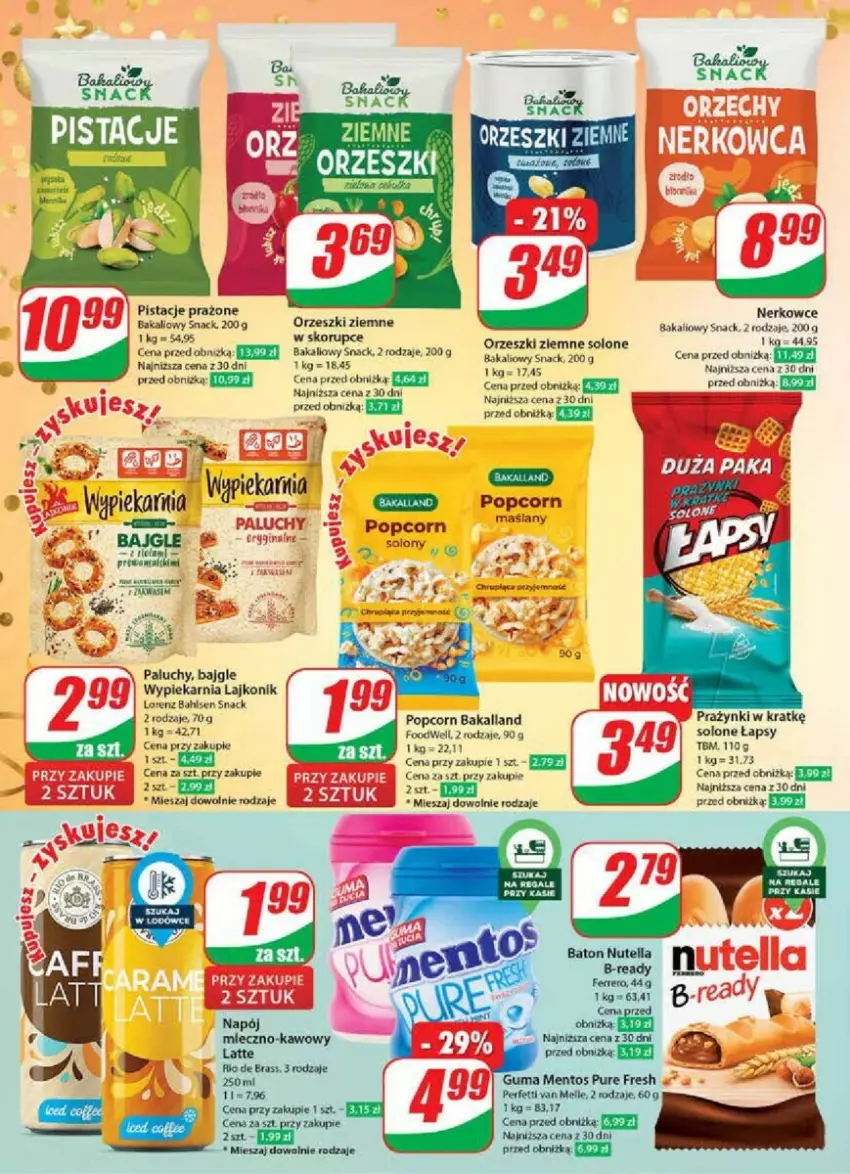 Gazetka promocyjna Dino - ważna 27.12.2024 do 02.01.2025 - strona 10 - produkty: Bajgle, Bakalland, Lajkonik, Lorenz, Mentos, Napój, Orzeszki, Orzeszki ziemne, Pistacje, Popcorn, Pur