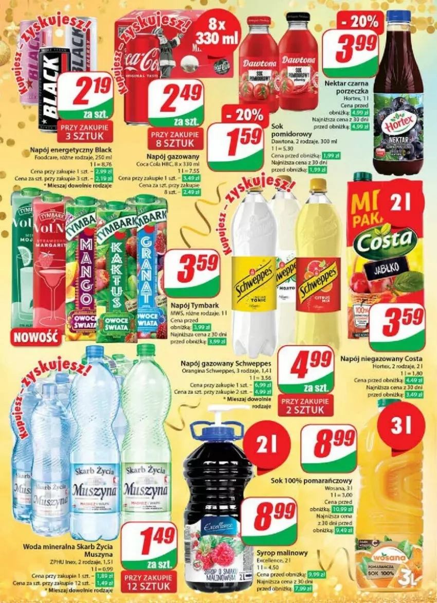 Gazetka promocyjna Dino - ważna 27.12.2024 do 02.01.2025 - strona 12 - produkty: Dawtona, Fa, Gin, Hortex, Lack, Mus, Napój, Napój energetyczny, Napój gazowany, Napój niegazowany, Schweppes, Sok, Syrop, Szyna, Tymbark, Woda, Woda mineralna, Wosana