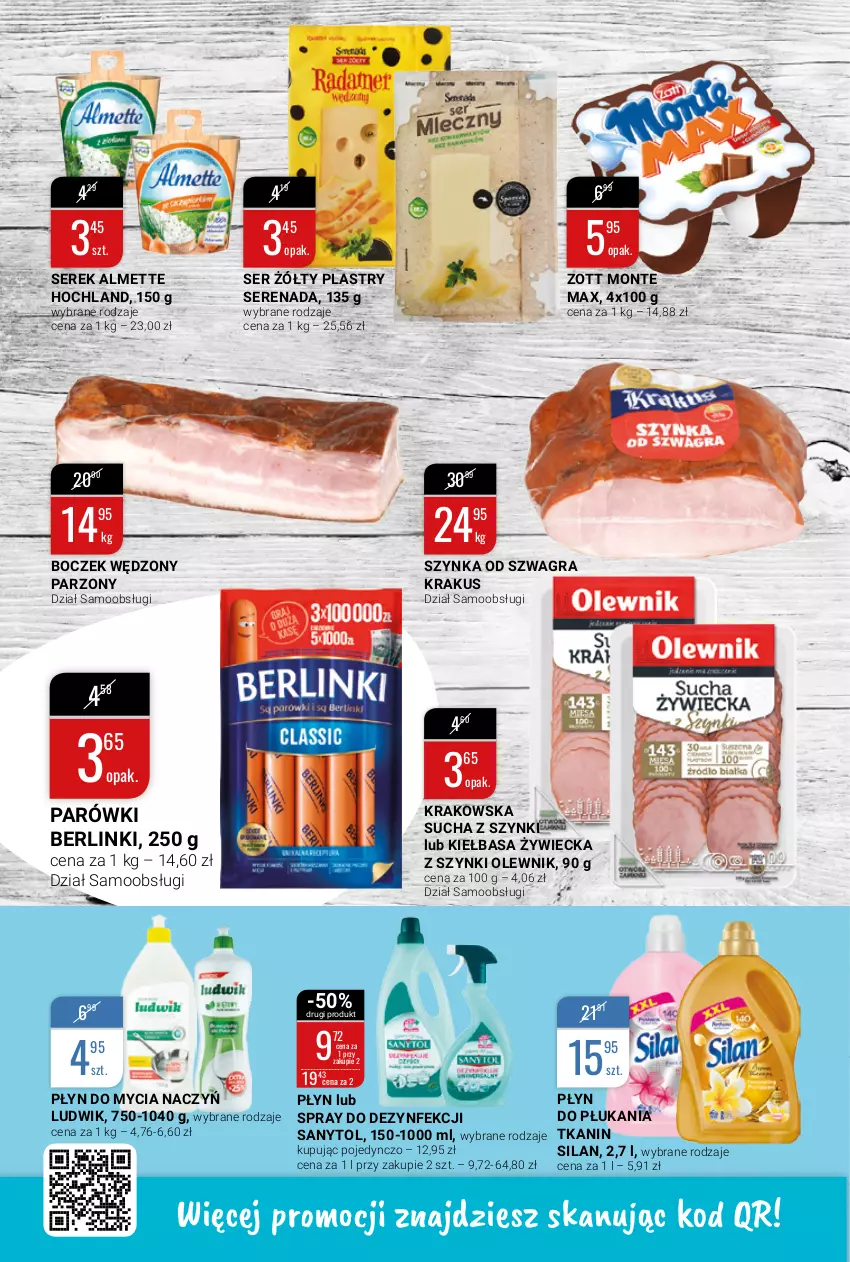 Gazetka promocyjna Bi1 - Potworne promocje - ważna 20.10 do 26.10.2021 - strona 8 - produkty: Almette, Berlinki, Boczek, Do mycia naczyń, Gra, Hochland, Kiełbasa, Krakus, Ludwik, Monte, Olewnik, Parówki, Płyn do mycia, Płyn do mycia naczyń, Sanytol, Ser, Serek, Silan, Szynka, Zott