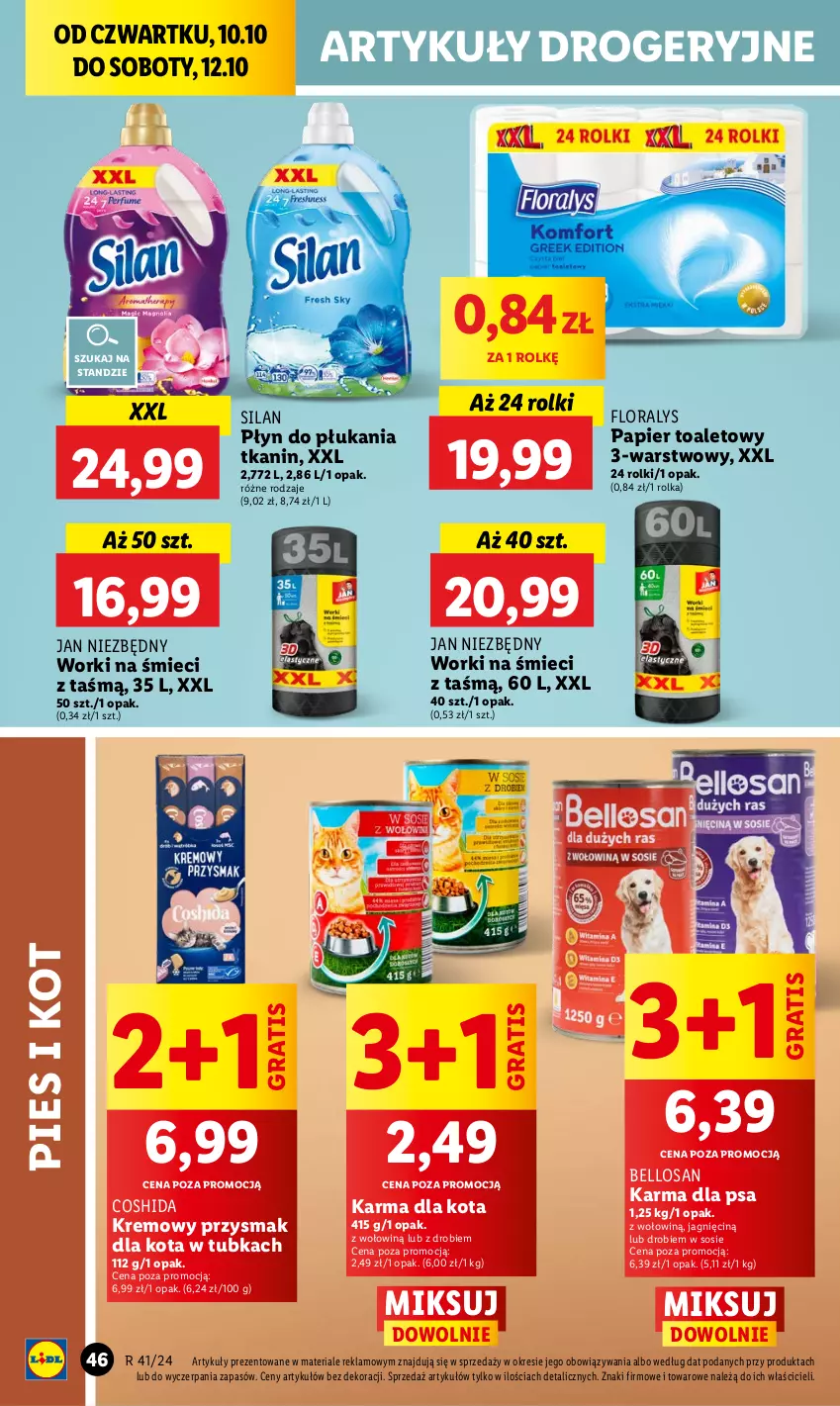 Gazetka promocyjna Lidl - GAZETKA - ważna 10.10 do 12.10.2024 - strona 52 - produkty: Bell, Flora, Gra, Jan Niezbędny, Papier, Papier toaletowy, Płyn do płukania, Przysmak dla kota, Rolki, Silan, Sos, Worki na śmiec, Worki na śmieci