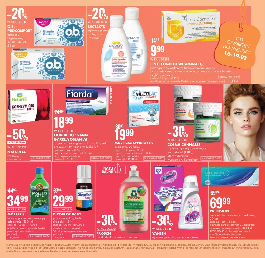 Gazetka promocyjna Super Pharm - Gazetka - ważna 16.03 do 19.03.2023 - strona 7 - produkty: Alcon, Dicoflor, Dzieci, Fiorda, Frosch, Lactacyd, Multilac, Naturell, O.B., Phyto, Por, Probiotyk, Soczewki kontaktowe, Suplement diety, Synbiotyk, Tampony, Top, Tran, Vanish