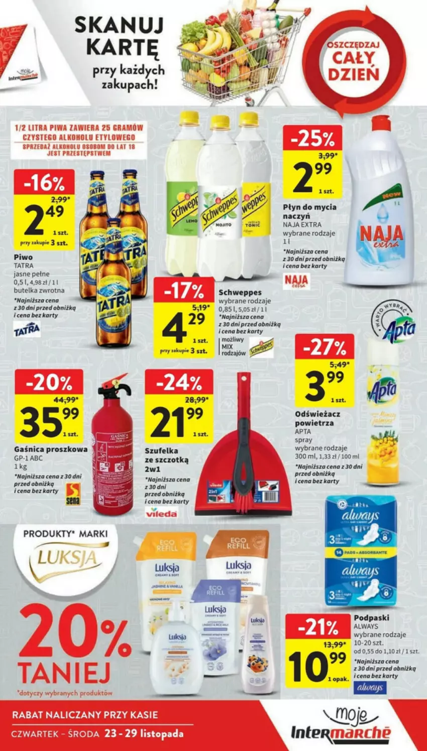 Gazetka promocyjna Intermarche - ważna 23.11 do 29.11.2023 - strona 5 - produkty: Always, Gaśnica, Gra, Luksja, Odświeżacz powietrza, Piwa, Piwo, Płyn do mycia, Podpaski, Szufelka, Tatra, Top