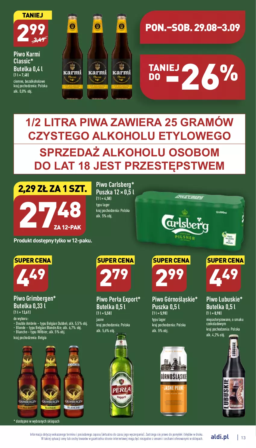 Gazetka promocyjna Aldi - Pełny katalog - ważna 29.08 do 03.09.2022 - strona 13 - produkty: Carlsberg, Gra, Karmi, LG, Perła, Piwa, Piwo, Por