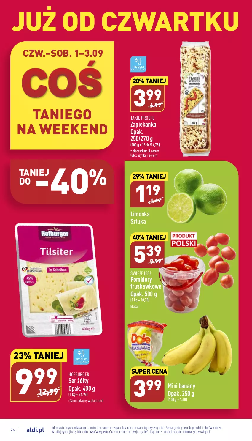 Gazetka promocyjna Aldi - Pełny katalog - ważna 29.08 do 03.09.2022 - strona 24 - produkty: Banany, Burger, Hofburger, Limonka, Mini banany, Piec, Pieczarka, Pomidory, Ser, Zapiekanka