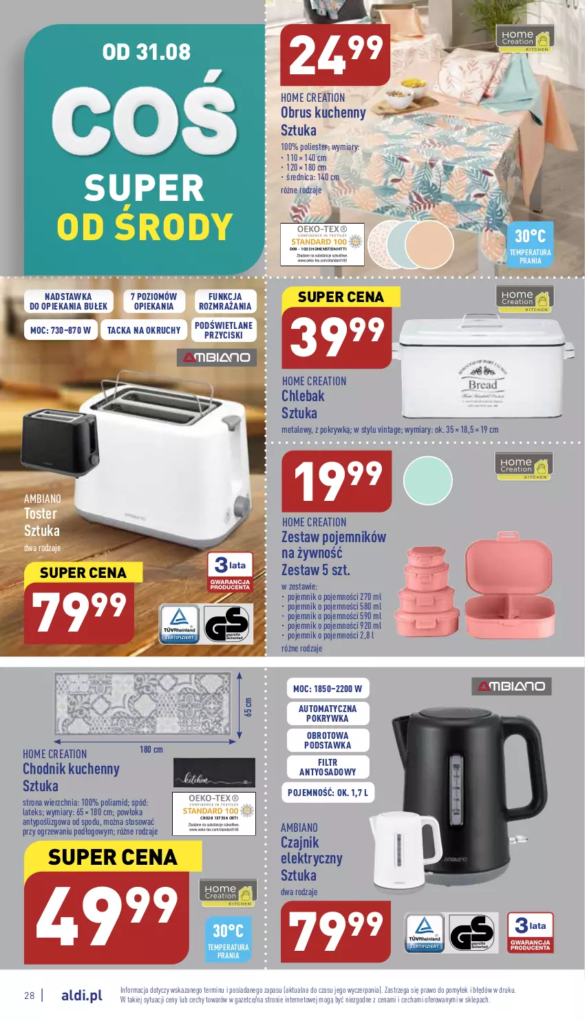 Gazetka promocyjna Aldi - Pełny katalog - ważna 29.08 do 03.09.2022 - strona 28 - produkty: Chleb, Chlebak, Chodnik, Czajnik, Czajnik elektryczny, Obrus, Pojemnik, Toster