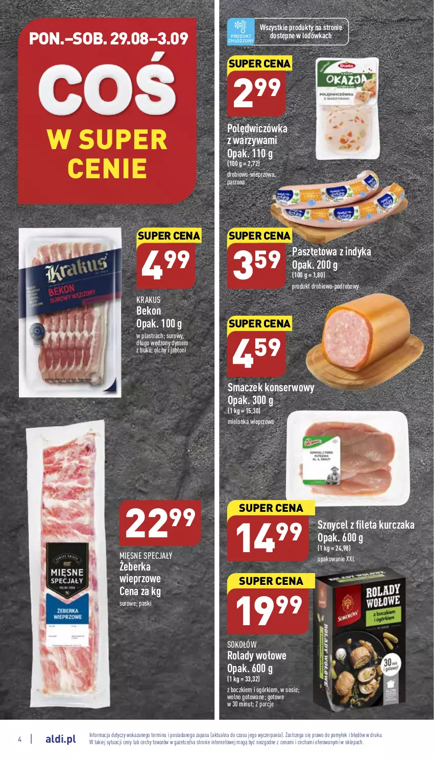 Gazetka promocyjna Aldi - Pełny katalog - ważna 29.08 do 03.09.2022 - strona 4 - produkty: Beko, Krakus, Kurczak, Lodówka, Mięsne specjały, Pasztet, Por, Ser, Sok, Sokołów, Sos, Warzywa