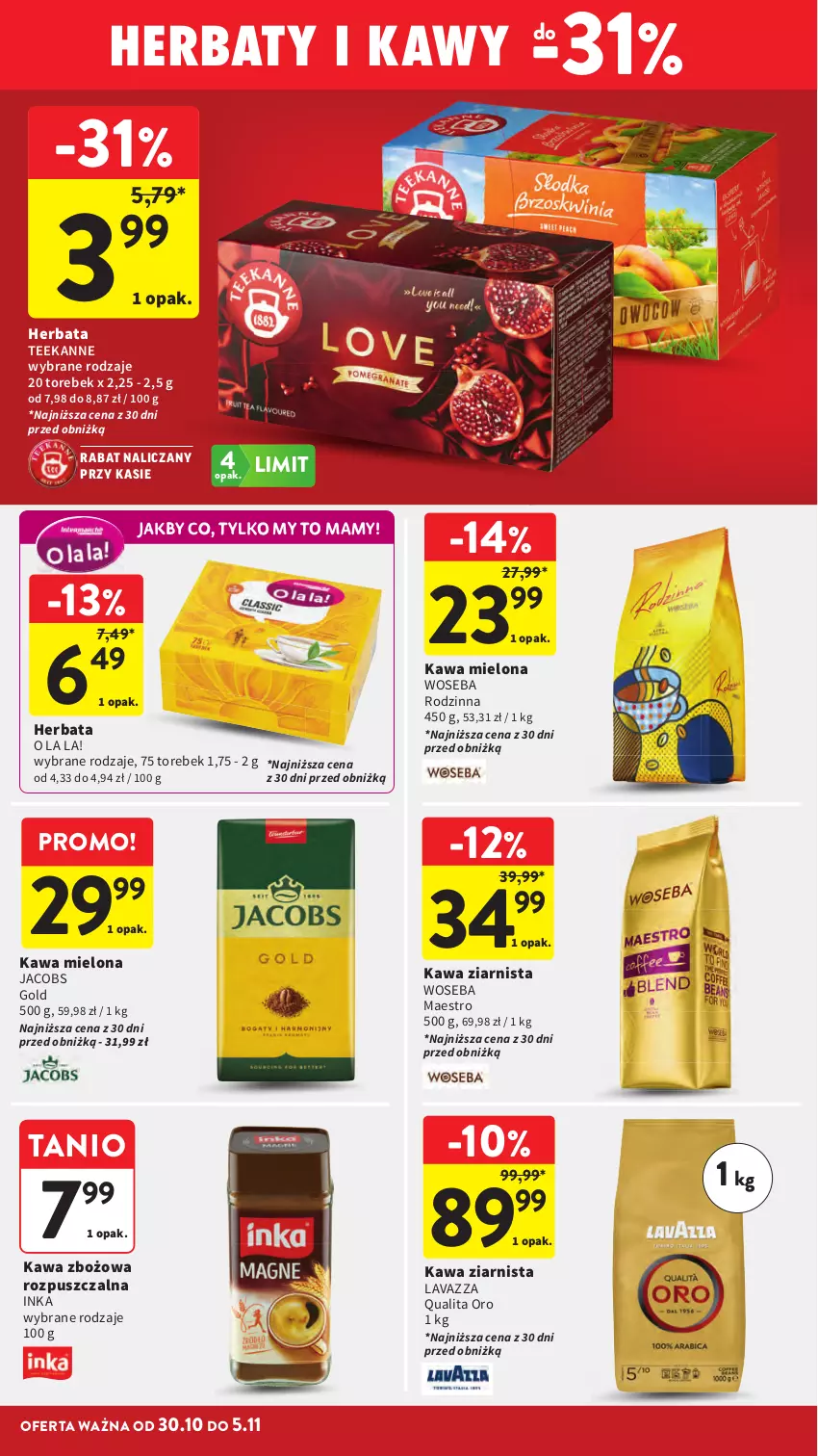 Gazetka promocyjna Intermarche - Gazetka Intermarche - ważna 30.10 do 05.11.2025 - strona 32 - produkty: Herbata, Inka, Jacobs, Kawa, Kawa mielona, Kawa zbożowa, Kawa ziarnista, Lavazza, Teekanne, Woseba