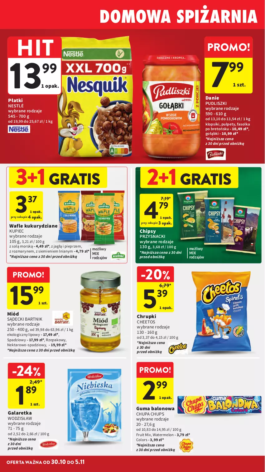 Gazetka promocyjna Intermarche - Gazetka Intermarche - ważna 30.10 do 05.11.2025 - strona 34 - produkty: Cheetos, Chipsy, Chrupki, Chupa Chups, Fa, Gala, Galaretka, Gra, Klopsiki, Kupiec, Melon, Miód, Nektar, Nestlé, Piec, Pieprz, Przysnacki, Pudliszki, Pulpety, Wafle