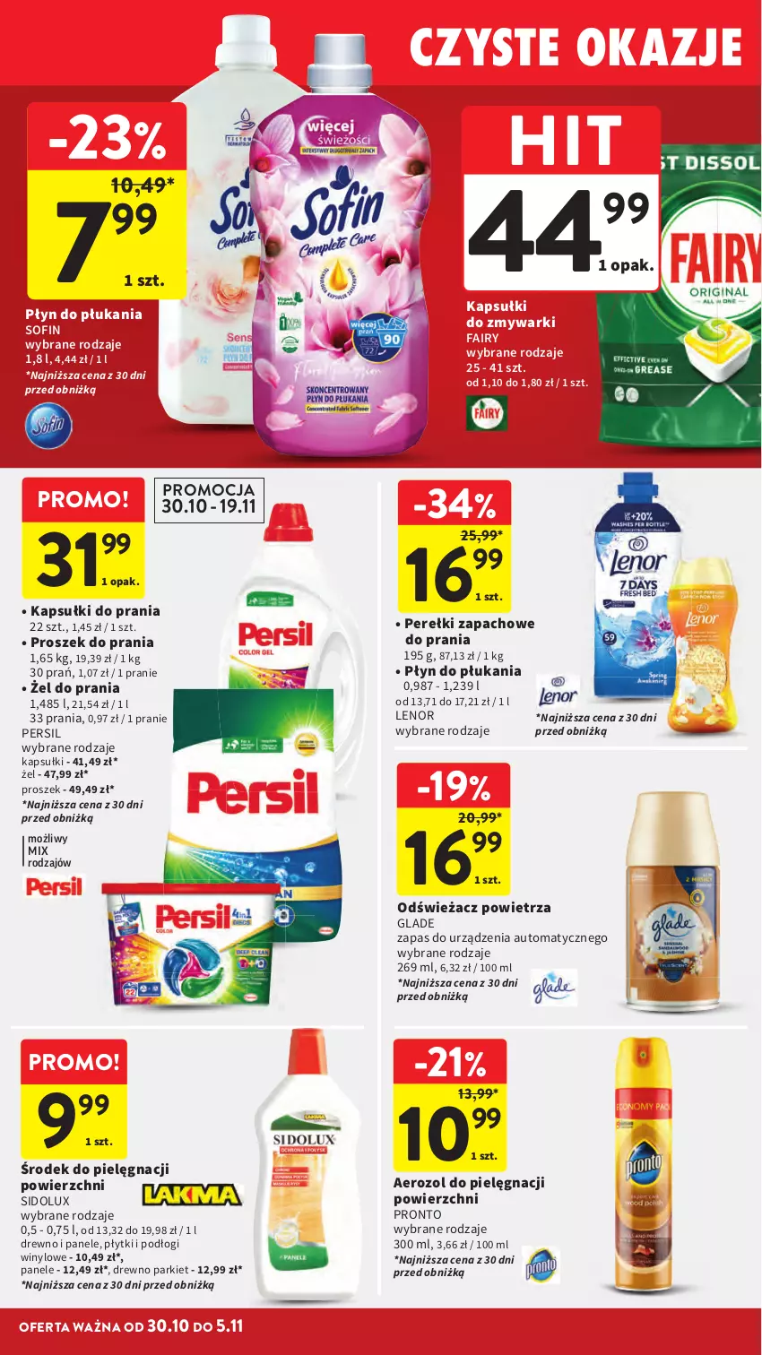 Gazetka promocyjna Intermarche - Gazetka Intermarche - ważna 30.10 do 05.11.2025 - strona 40 - produkty: Fa, Fairy, Kapsułki do prania, Lenor, Odświeżacz powietrza, Perełki zapachowe, Persil, Płyn do płukania, Pronto, Proszek do prania, Sidolux, Zmywarki