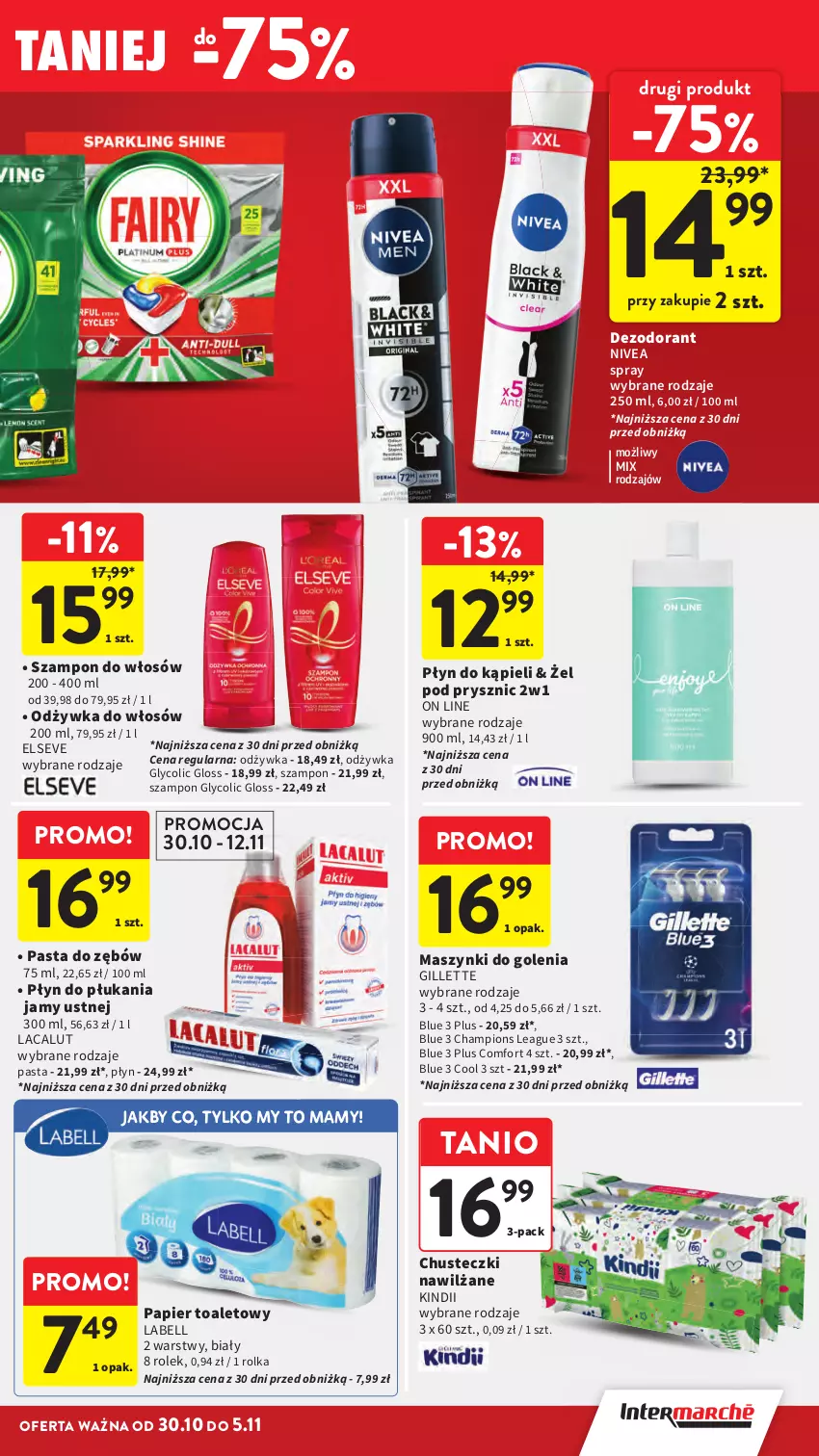 Gazetka promocyjna Intermarche - Gazetka Intermarche - ważna 30.10 do 05.11.2025 - strona 41 - produkty: Bell, Chusteczki, Dezodorant, Elseve, Gillette, Kindii, Lacalut, Nivea, Odżywka, Papier, Papier toaletowy, Pasta do zębów, Płyn do kąpieli, Płyn do płukania, Płyn do płukania jamy ustnej, Szampon
