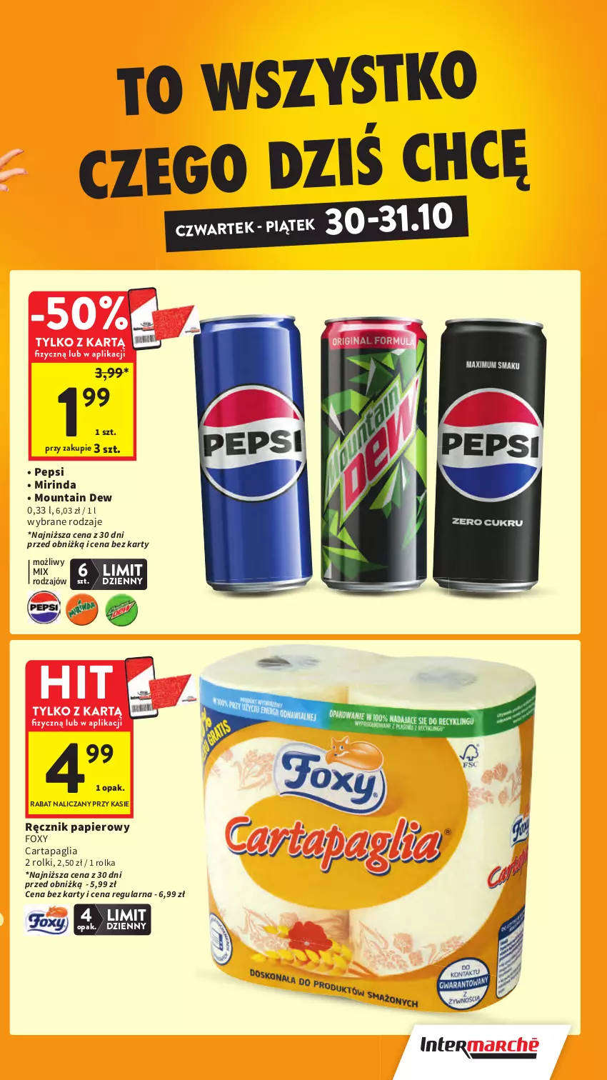 Gazetka promocyjna Intermarche - Gazetka Intermarche - ważna 30.10 do 05.11.2025 - strona 5 - produkty: Foxy, Mirinda, Papier, Pepsi, Ręcznik, Rolki