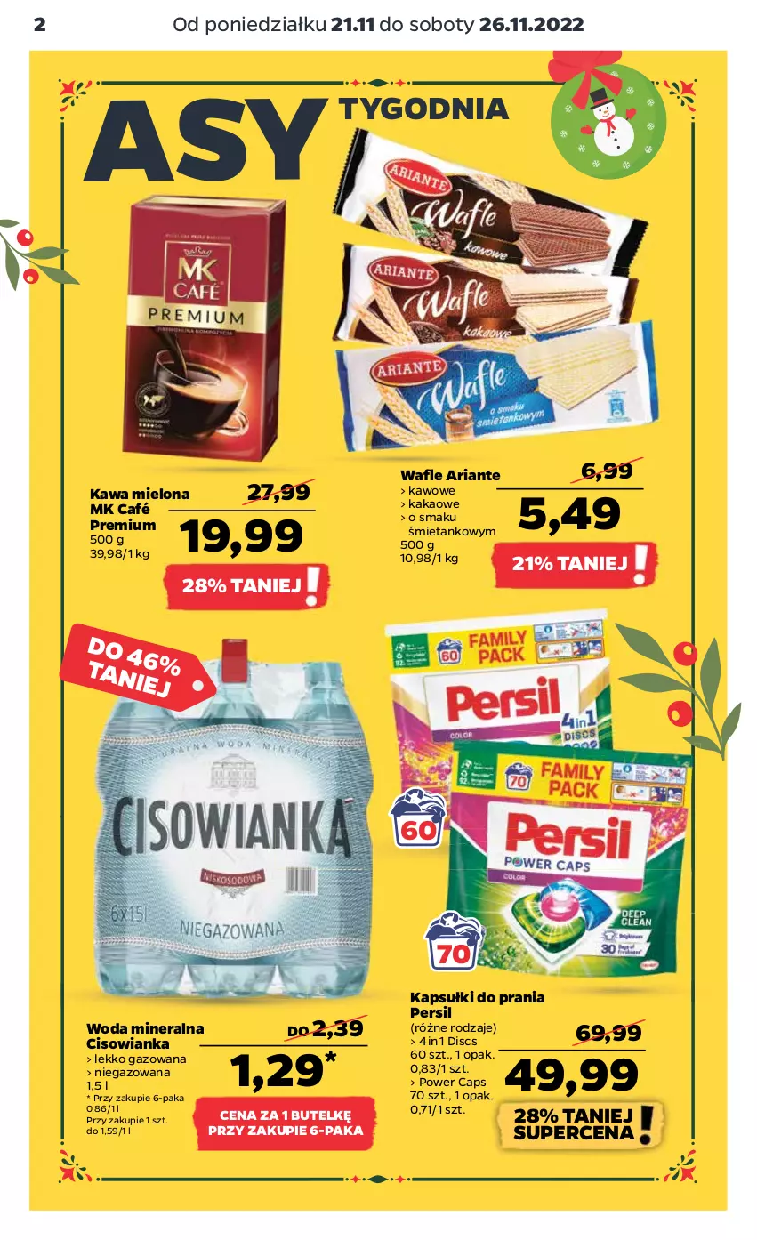 Gazetka promocyjna Netto - Artykuły spożywcze - ważna 21.11 do 26.11.2022 - strona 2 - produkty: Cisowianka, Kakao, Kapsułki do prania, Kawa, Kawa mielona, Persil, Wafle, Woda, Woda mineralna