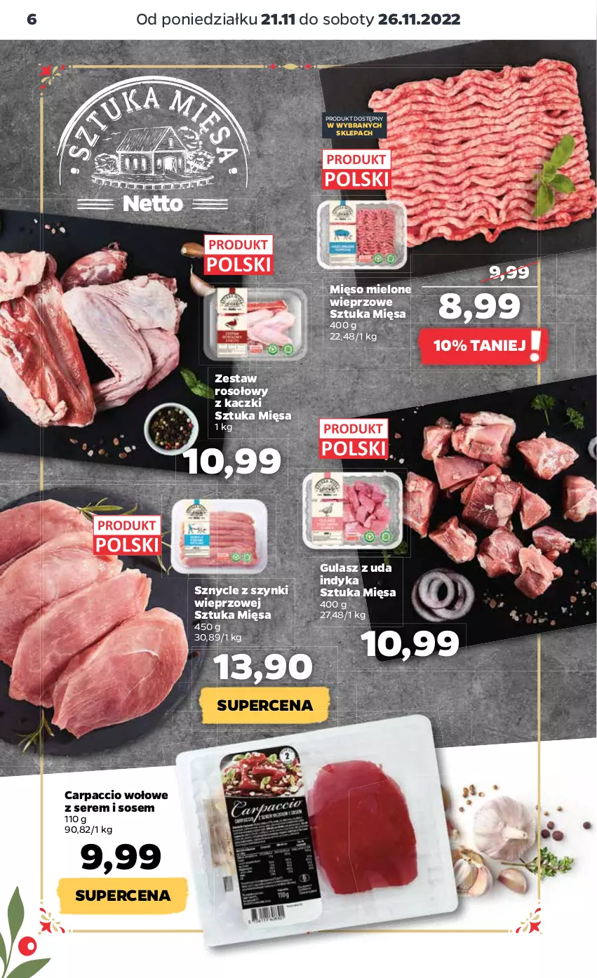 Gazetka promocyjna Netto - Artykuły spożywcze - ważna 21.11 do 26.11.2022 - strona 6 - produkty: Carpaccio, Mięso, Mięso mielone, Ser, Sos, Zestaw rosołowy z kaczki