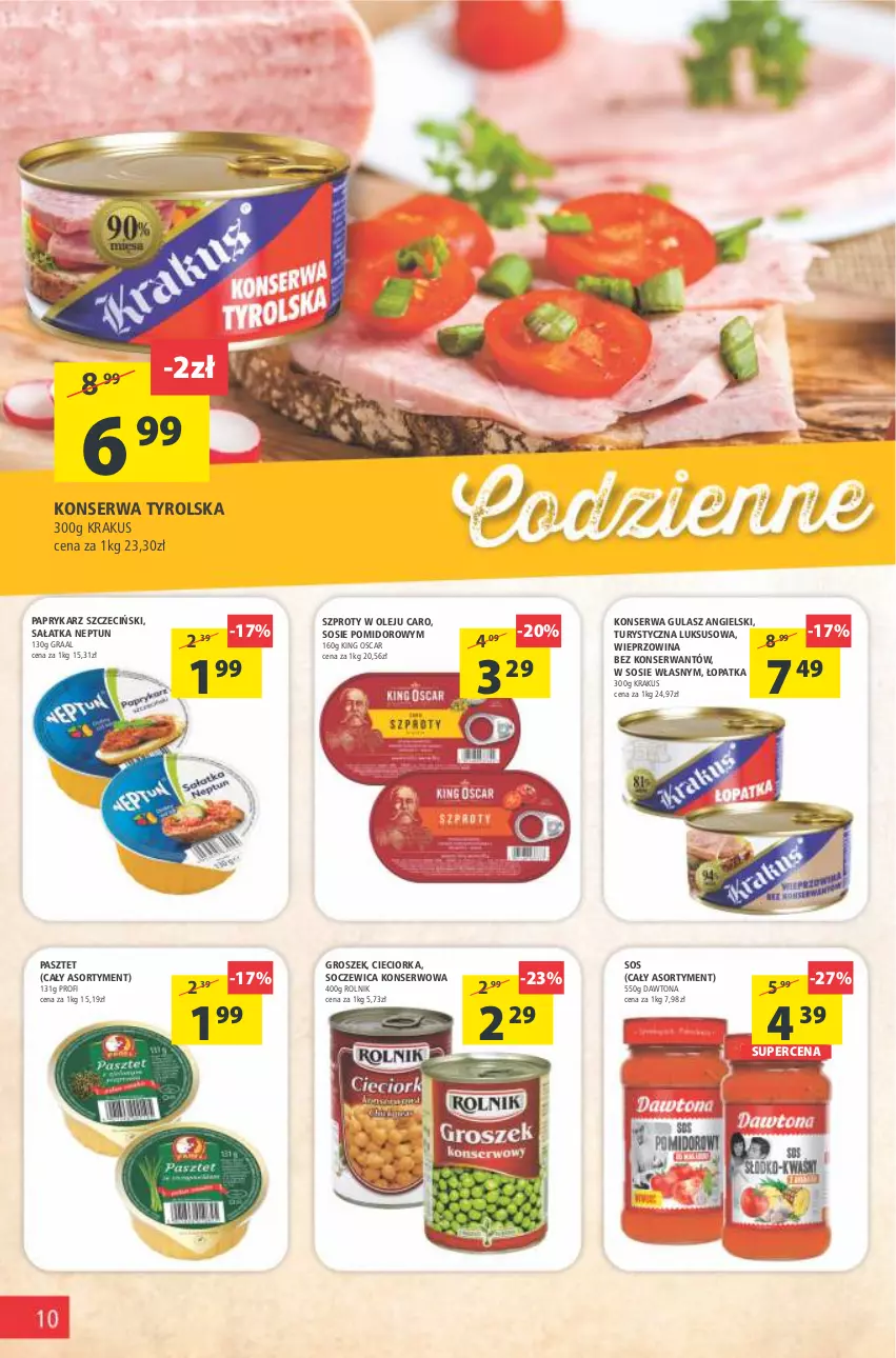 Gazetka promocyjna Arhelan - Gazetka - ważna 03.06 do 12.06.2022 - strona 10 - produkty: Cieciorka, Dawtona, Gra, Graal, Groszek, Krakus, Olej, Orka, Papryka, Paprykarz, Paprykarz szczeciński, Pasztet, Rolnik, Sałat, Sałatka, Ser, Sos, Szprot, Wieprzowina