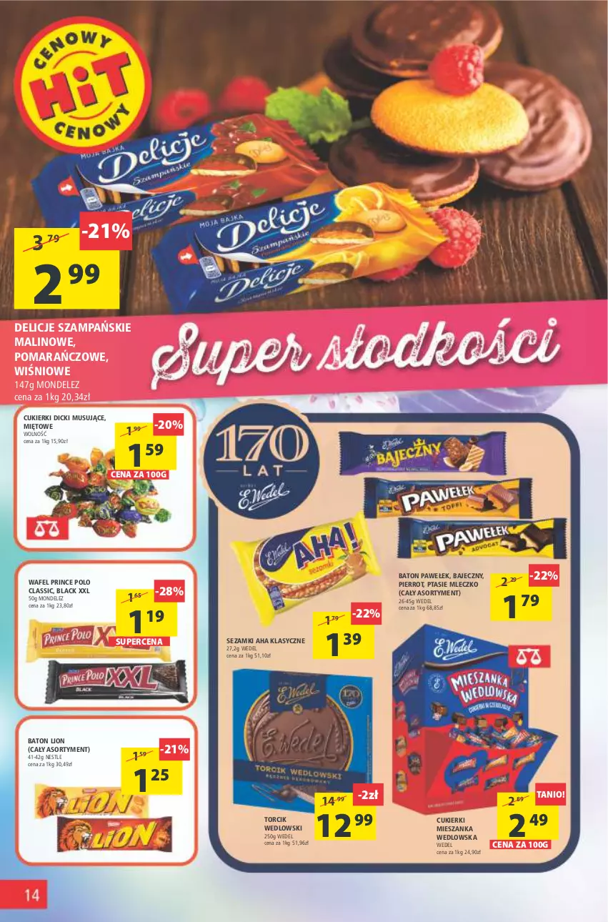 Gazetka promocyjna Arhelan - Gazetka - ważna 03.06 do 12.06.2022 - strona 14 - produkty: Baton, Cukier, Cukierki, Delicje, Lack, Lion, Mieszanka wedlowska, Mleczko, Mus, Prince Polo, Ptasie mleczko, Sezam