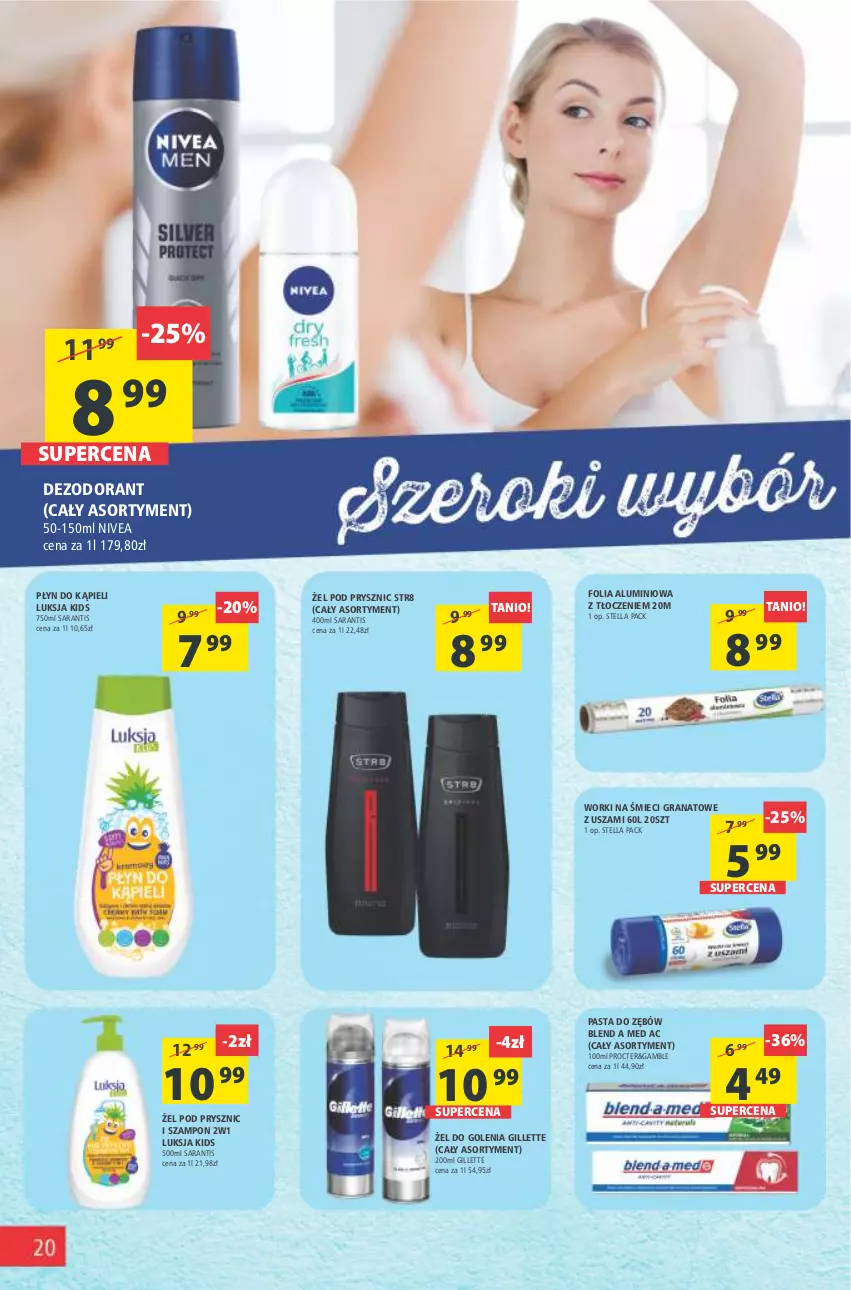 Gazetka promocyjna Arhelan - Gazetka - ważna 03.06 do 12.06.2022 - strona 20 - produkty: Dezodorant, Folia aluminiowa, Gillette, Gra, Granat, Luksja, Nivea, Pasta do zębów, Płyn do kąpieli, Str8, Szampon, Worki na śmiec, Worki na śmieci