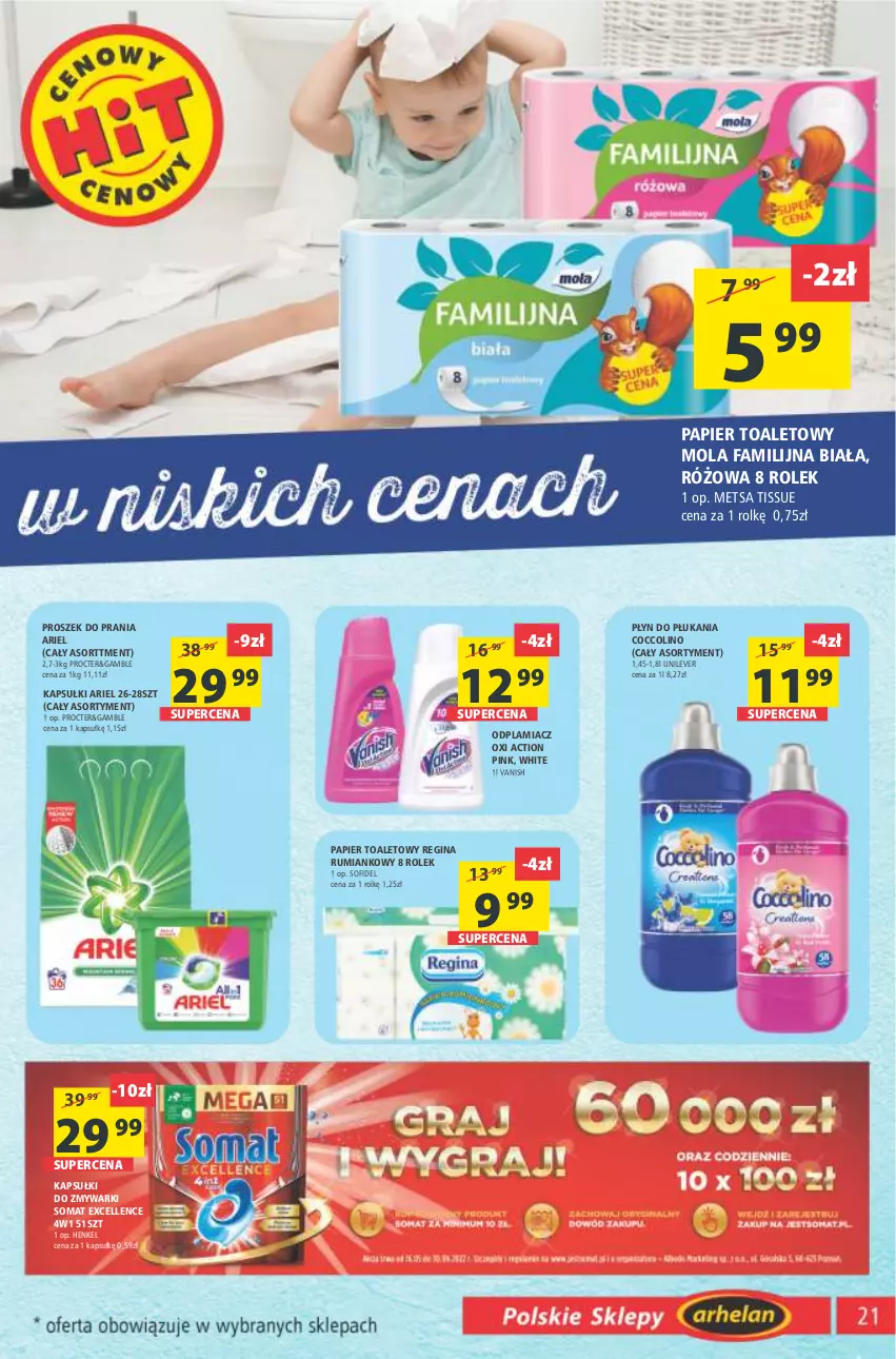 Gazetka promocyjna Arhelan - Gazetka - ważna 03.06 do 12.06.2022 - strona 21 - produkty: Ariel, Coccolino, Fa, Gin, Mola, Odplamiacz, Papier, Papier toaletowy, Płyn do płukania, Proszek do prania, Rum, Somat, Vanish, Zmywarki