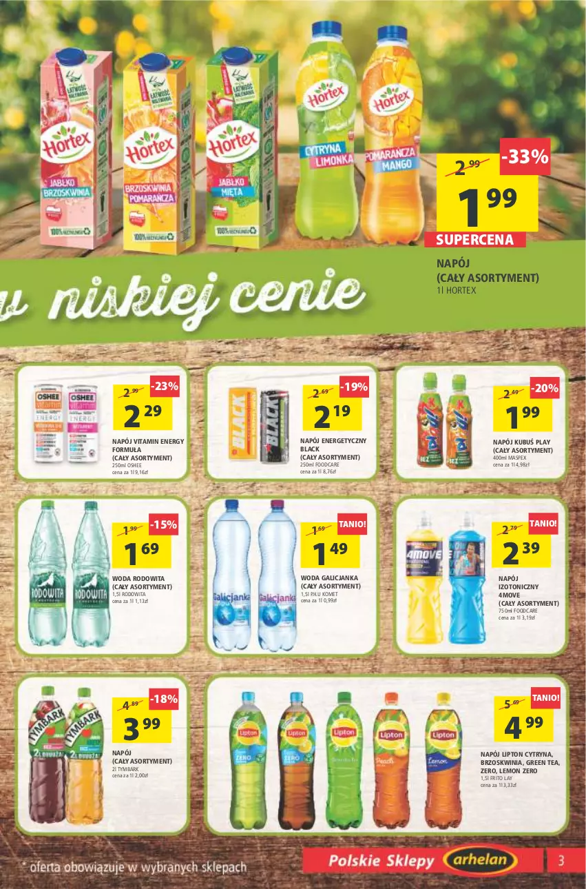 Gazetka promocyjna Arhelan - Gazetka - ważna 03.06 do 12.06.2022 - strona 3 - produkty: Hortex, Kubuś, Lack, Lipton, Napój, Napój energetyczny, Napój izotoniczny, Oshee, Tymbark, Woda