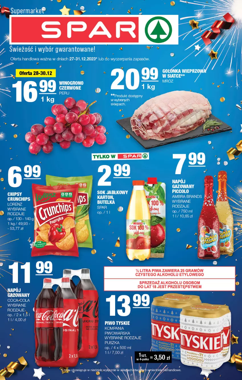 Gazetka promocyjna Spar - Spar - ważna 26.12.2023 do 05.01.2024 - strona 1 - produkty: Gin, Gra, Koc, Piwa, Piwo, Sok, Sok jabłkowy, Tyskie