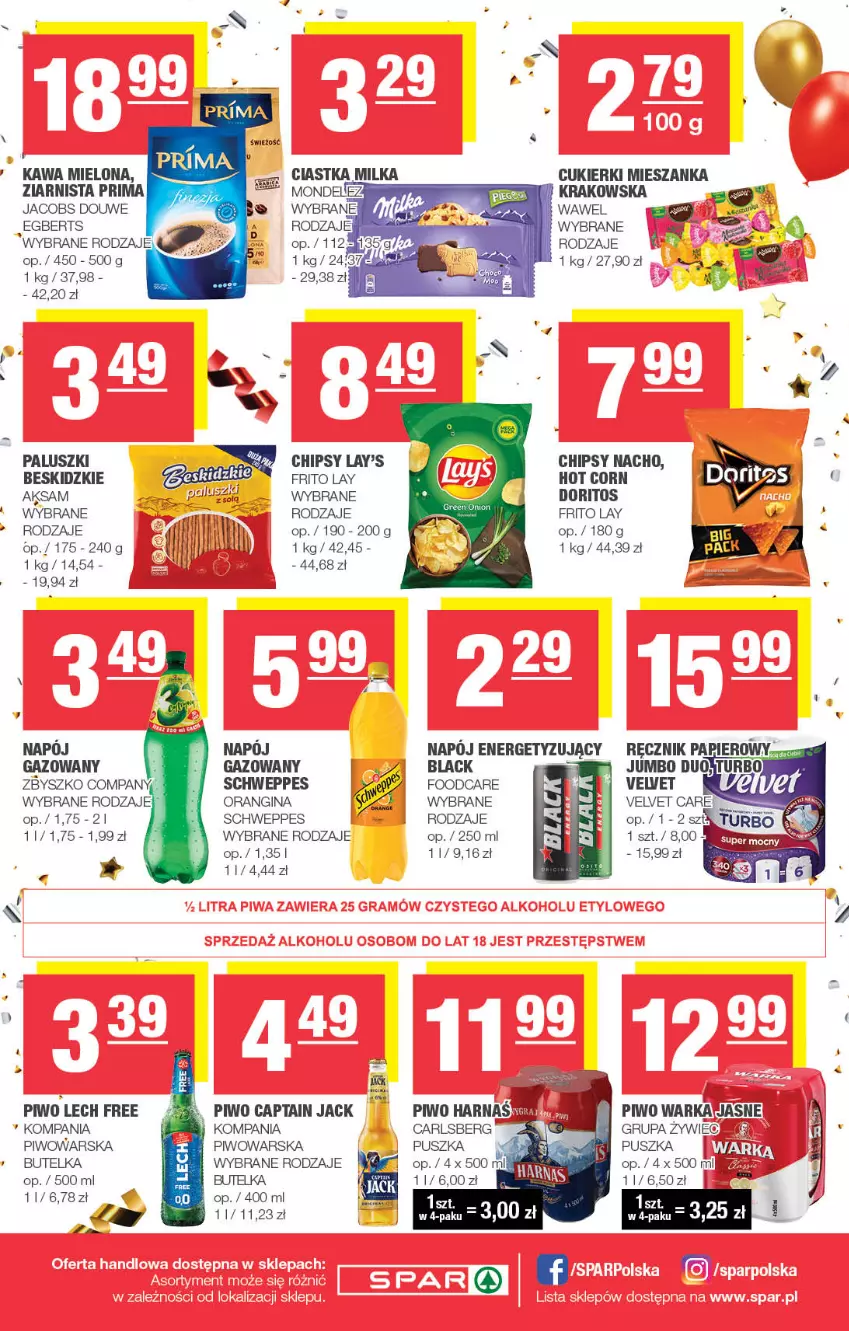 Gazetka promocyjna Spar - Spar - ważna 26.12.2023 do 05.01.2024 - strona 4 - produkty: Aksam, Beskidzki, Carlsberg, Chipsy, Cukier, Cukierki, Gin, Harnaś, Jacobs, Kawa, Kawa mielona, Lack, Napój, Napój gazowany, Papier, Piwo, Prima, Ręcznik, Schweppes, Velvet, Warka, Wawel