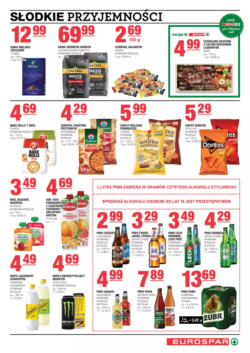 Gazetka promocyjna Spar - EuroSpar - ważna 28.01 do 07.02.2024 - strona 7 - produkty: 7 Days, Bake Rolls, BoboVita, Carlsberg, Chipsy, Chrupki, Coca-Cola, Cukier, Cukierki, Czekolada, Czekolada mleczna, Deser, Fortuna, Gala, Galaretki, Gin, Grejpfrut, Heineken, Jacobs, Kawa, Kawa mielona, Kawa ziarnista, Lorenz, Mus, Napój, Napój gazowany, Piwo, Przysnacki, Schweppes, Ser, Serek, Sok, Tchibo, Wawel