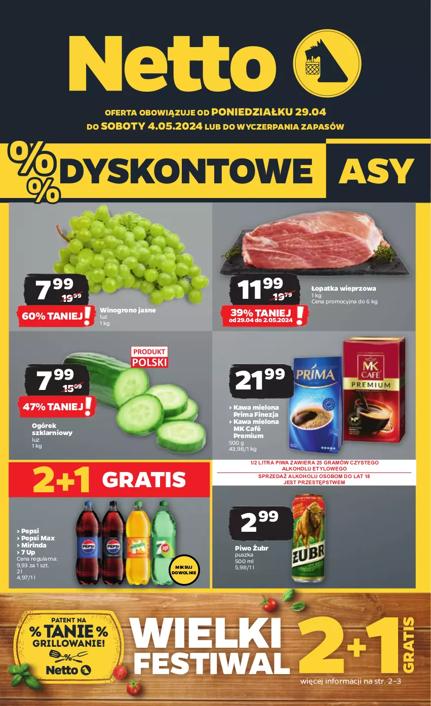 Gazetka promocyjna Netto - Artykuły spożywcze - ważna 29.04 do 04.05.2024 - strona 1 - produkty: Gra, Grill, Kawa, Kawa mielona, Mirinda, Ogórek, Pepsi, Pepsi max, Piwa, Piwo, Prima, Wino