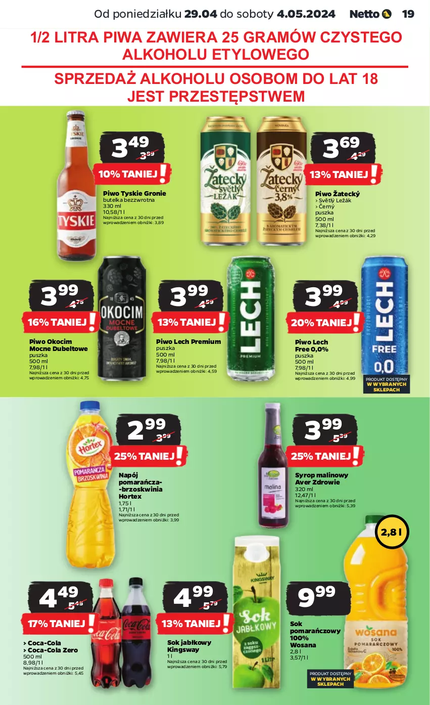 Gazetka promocyjna Netto - Artykuły spożywcze - ważna 29.04 do 04.05.2024 - strona 19 - produkty: Coca-Cola, Gra, Hortex, Koc, Lech Premium, Napój, Okocim, Piwa, Piwo, Sok, Sok jabłkowy, Sok pomarańczowy, Syrop, Tyskie, Wosana, Zdrowie