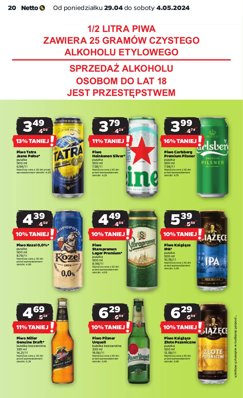 Gazetka promocyjna Netto - Artykuły spożywcze - ważna 29.04 do 04.05.2024 - strona 20 - produkty: Carlsberg, Gra, Kozel, Książęce, Pilsner Urquell, Piwa, Piwo, Tatra