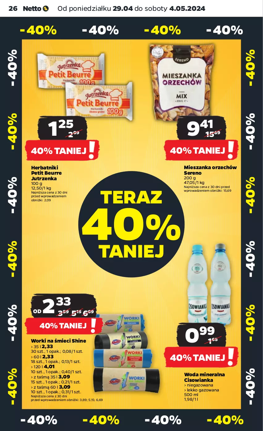 Gazetka promocyjna Netto - Artykuły spożywcze - ważna 29.04 do 04.05.2024 - strona 26 - produkty: Cisowianka, Herbatniki, Herbatniki Petit Beurre, Jutrzenka, Ser, Tera, Woda, Woda mineralna, Worki na śmiec, Worki na śmieci