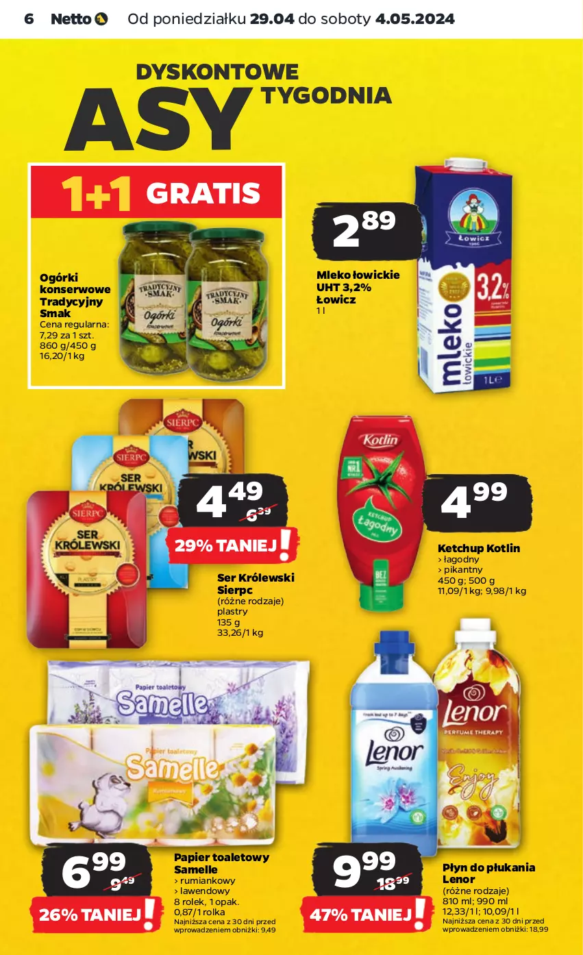 Gazetka promocyjna Netto - Artykuły spożywcze - ważna 29.04 do 04.05.2024 - strona 6 - produkty: Gra, Ketchup, Kotlin, Królewski, Lenor, Mleko, Ogórki konserwowe, Papier, Papier toaletowy, Płyn do płukania, Rum, Ser